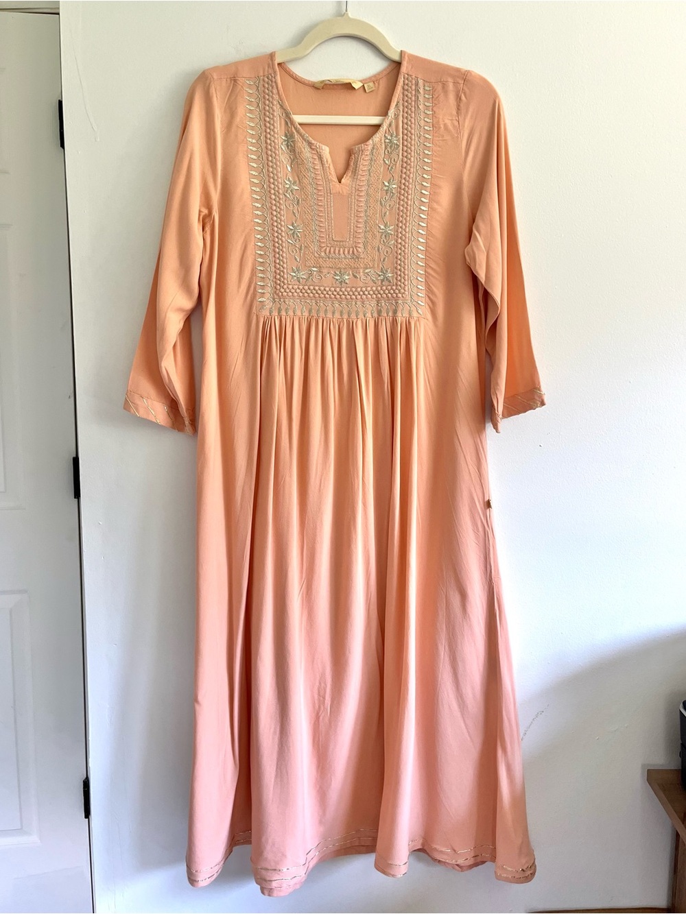 Avaasa Peach Embroidered Long Sleeve Flowy Modest Midi Dress Made in India XL